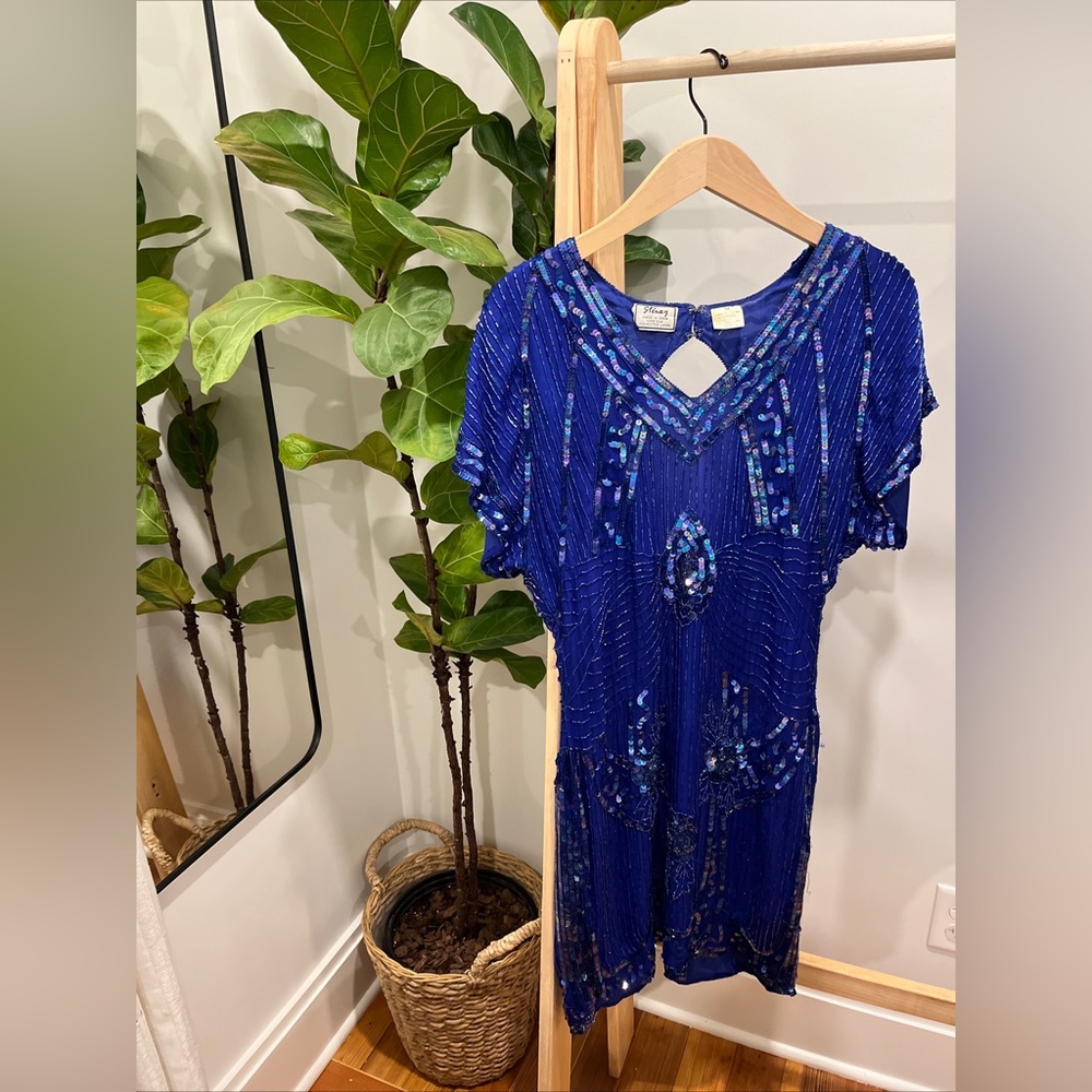 Stunning Hand Beaded Made In India Silk Vintage Dress Cobalt 10 M S